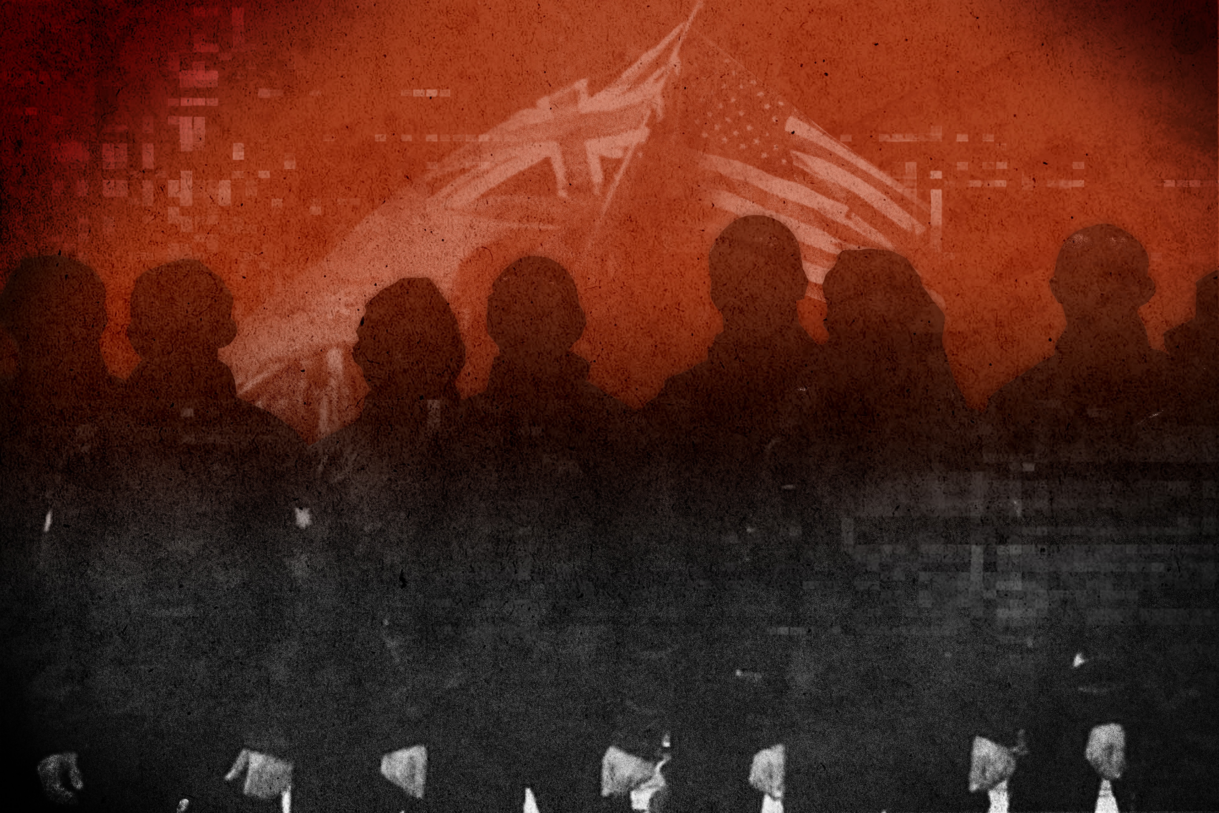 Shadowy figures in the foreground on an orange background with an Australian flag and US flag