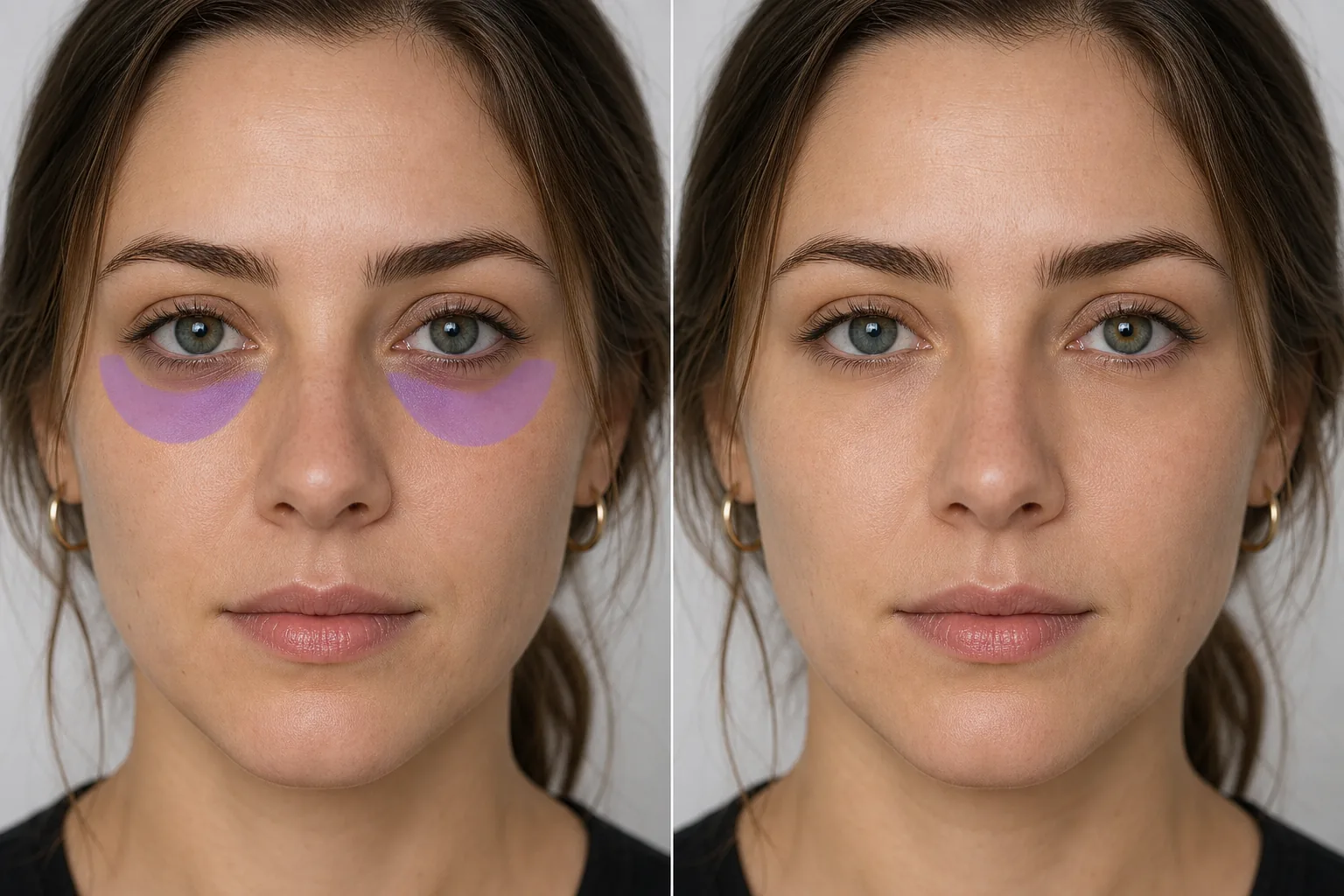 Workflow visual showing under-eye dark circles masked on a close-up portrait for natural cleanup review