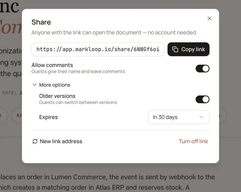 The Share dialog with the link, the Allow comments switch, and More options open.