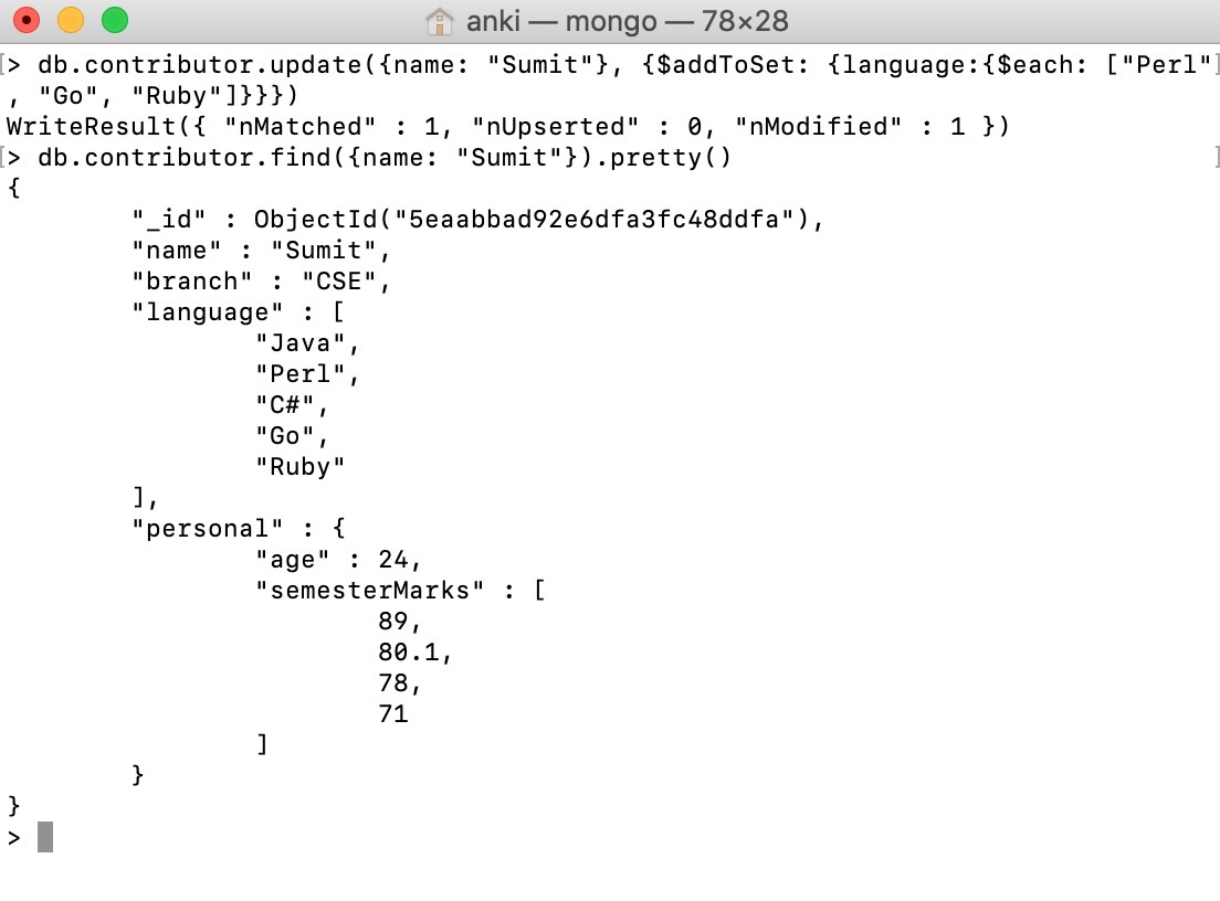 Using $each modifier with $addToSet operator example output