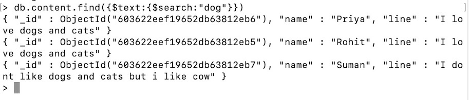 text search in mongodb example output