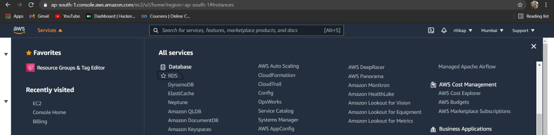 Searching RDS in AWS Console Services