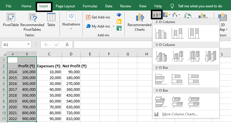 Selecting-2-d-clustered-column-chart