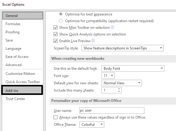 selecting-add-ins-tab