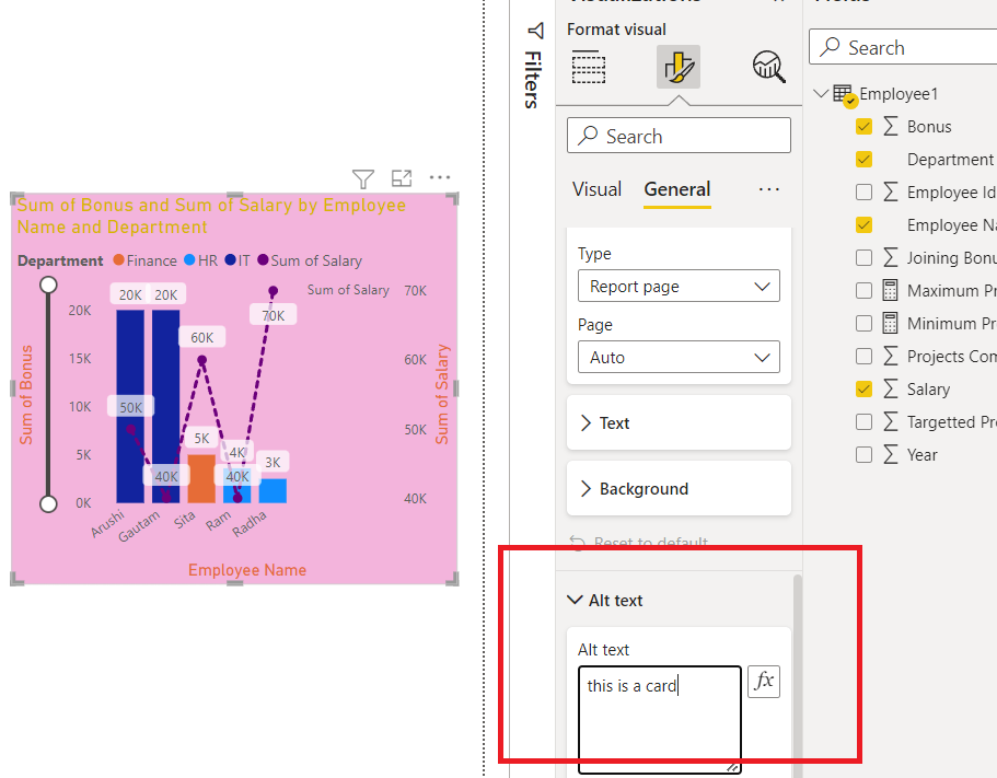 Adding Alt Text in Power - BI chart