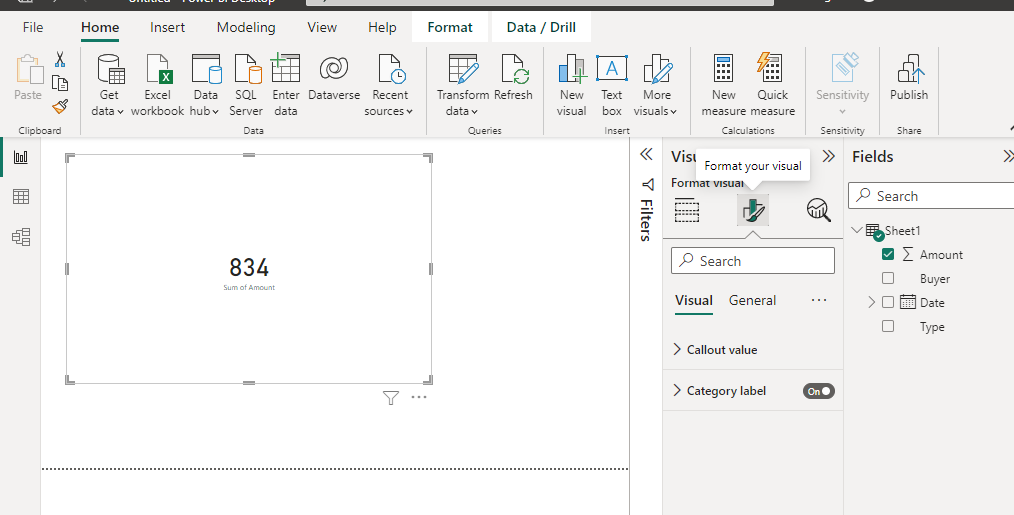 To format the card, Go to visual group and click on format your visual.