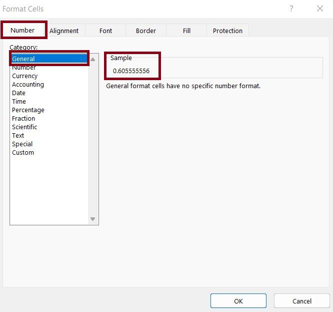 Format cell dialog box will appear, here we need to select general under number tab.