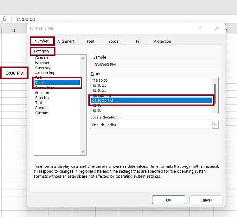 for changing the time format again dialog box appears here select time under number category.