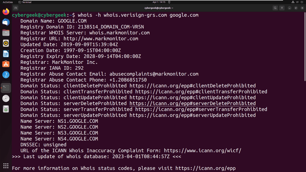 Getting Information about some specific WHOIS server set up by an ICANN