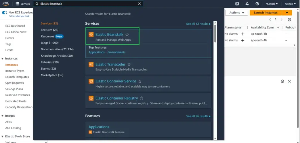 Searching for Elastic Beanstalk in AWS Console