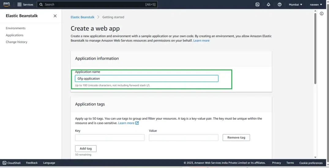 Naming and defining Beanstalk web application properties