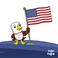 a cartoon of an eagle holding an american flag with the words " red white & boom " behind it