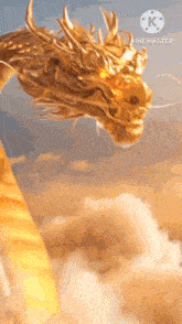 a golden dragon is flying through the sky .