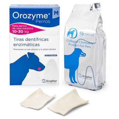 Orozyme Perros enzimatikus fogtisztító csíkok közepes testű, 10-30 kg-os kutyáknak. Collagen Chewable Product for Pets Medium az Ecuphar-tól, állatorvosi fogápolási termék.