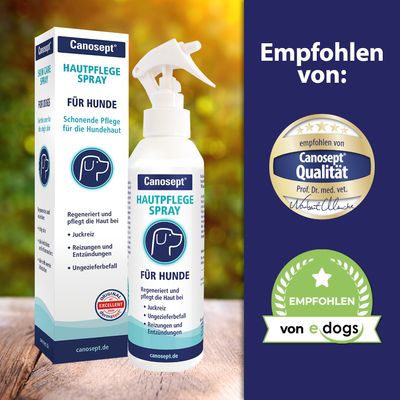 Canosept bőrápoló spray kutyáknak. Regenerálja és ápolja a bőrt viszketés, irritáció, gyulladás és élősködők esetén. Ajánlott a Canosept Qualität és e-dogs által.