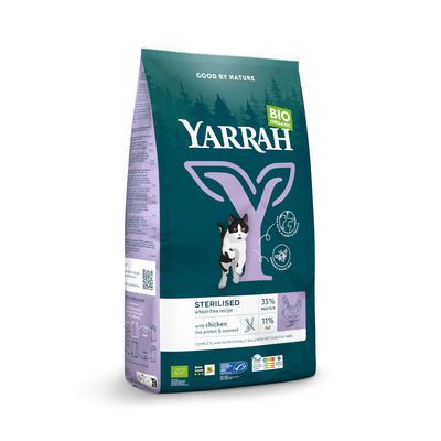 Yarrah Bio Organic alimento para gatos esterilizados, sin trigo, con pollo, proteína de arroz y algas. 35% proteína, 11% grasa. Certificado ecológico DE-ÖKO-001.