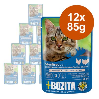 Bozita Sterilised s piletinom i puretinom, 12x85g, bez žitarica, za sterilizirane mačke, švedski prirodni sastojci, Made in Sweden.