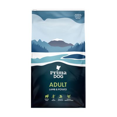 Prima Dog Adult Lamb & Potato. Magas hústartalom, búza nélkül, egészséges gyomor, északi bogyók és gyógynövények.