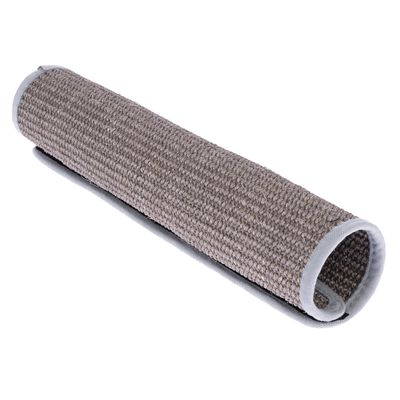 Braune Sisalmatte mit grauem Rand, gerollt. Geeignet für Kratzmöbel oder Oberflächenabdeckung.