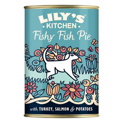 Lily's Kitchen Fishy Fish Pie pulykával, lazaccal és burgonyával. Egy kutya illusztrációja színes tájban.