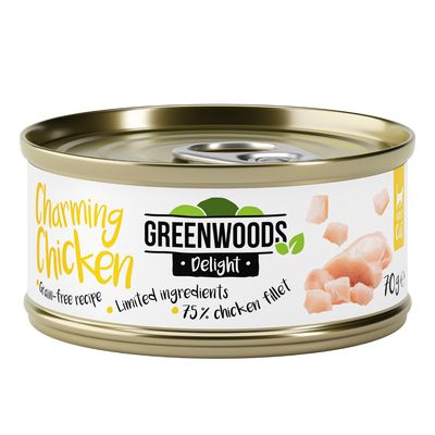 Greenwoods Delight Charming Chicken, receta sin cereales, ingredientes limitados, 75% filete de pollo, lata de 70g.