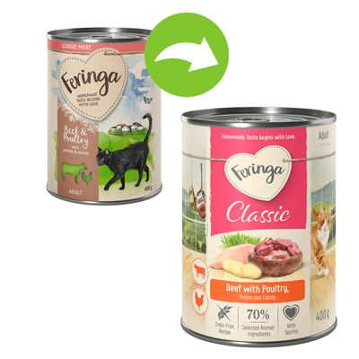Feringa Classic nedves eledel macskáknak, Beef with Poultry, burgonya és macskamenta ízben, 400g konzerv. Gabonamentes, taurinnal és 70% válogatott állati összetevővel.