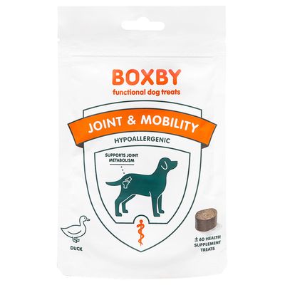 BOXBY functional dog treats Joint & Mobility, hypoallergén, supports joint metabolism, duck, kb. 60 egészségkiegészítő jutalomfalat kutyáknak látható a csomagoláson.