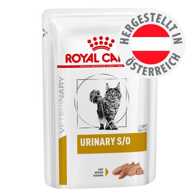 Royal Canin Veterinary URINARY S/O, Loaf Mousse, hergestellt in Österreich, Abbildung einer Katze auf der Verpackung