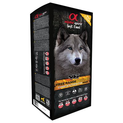 Alpha Spirit Soft Food Free Range Poultry, alimento completo para perros. Envase con diseño de lobo y símbolos: sin cereales, sin gluten, sin harina de carne, sin ingredientes extruidos.
