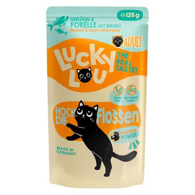 Lucky Lou Der Platzhirsch macskaeledel, 48x125g, Made in Germany, gabonamentes, hozzáadott cukor nélkül, 96% hústartalom. Felnőtt macskáknak.