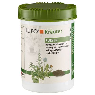 LUPO gyógynövény por. Multivitaminkomplex táplálkozási hiánybetegségek megelőzésére. Gyógynövények és por ábrázolása a csomagoláson.
