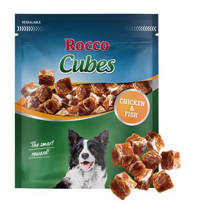 Rocco Cubes kutyasnack csirkehússal és hallal, visszazárható csomagolás.