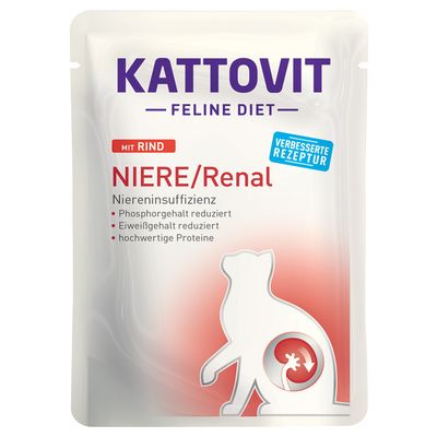 Kattovit Feline Diet Niere/Renal marhával. Veseelégtelenségre, csökkent foszfor- és fehérjetartalom, kiváló minőségű fehérjék. Javított recept.