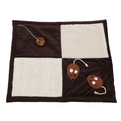 Play mat with brown and white fabric squares, two felt toy mice and a small brown ball on a string.
