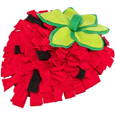 Almohada olfativa roja de tela con hojas verdes y detalles negros, adecuada para juegos de búsqueda.