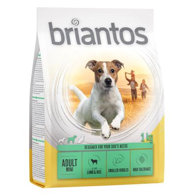 Briantos Adult Mini, 1 kg, con cordero y arroz, croquetas pequeñas, alta tolerancia.