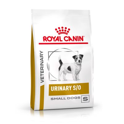 Royal Canin Veterinary Urinary S/O Small Dogs, Verpackung mit Abbildung eines kleinen Hundes. Geeignet für kleine Hunde mit speziellen Ernährungsbedürfnissen.