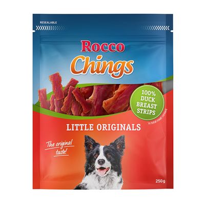 Rocco Chings Originals, 100% csirkemell csíkok, 250g. Csomagolás kutyaképpel és visszazárható kialakítással.
