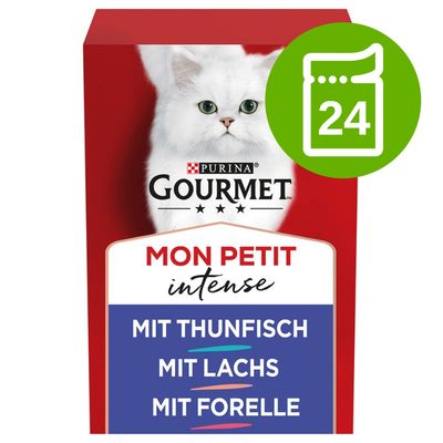 Purina Gourmet Mon Petit Intense, 24 saszetki. Tekst: MIT THUNFISCH, MIT LACHS, MIT FORELLE. Opakowanie z wizerunkiem białego kota.