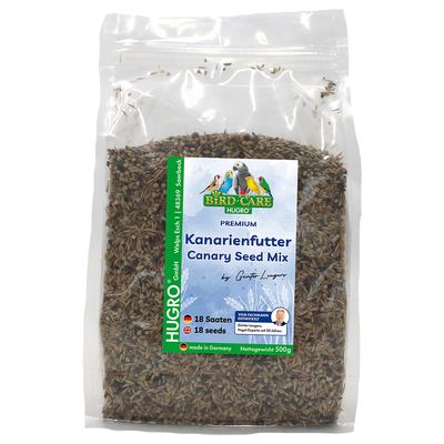 Hugro Bird-Care Premium kanári eleség, 18 mag, Gustav Langer fejlesztése, made in Germany, nettó tömeg 500g.