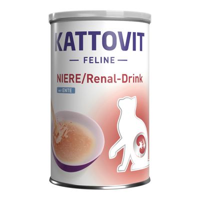 Kattovit Feline Niere/Renal-Drink kacsával, ital macskáknak a veseműködés támogatására. Látható: doboz és tál folyadékkal.