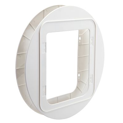 SureFlap Mikrochip-Katzenklappe in Weiss mit Steuergerät. Sichtbar: Verriegelungsschalter und SureFlap-Logo.