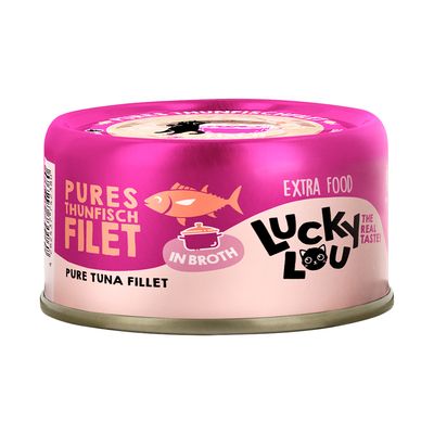 Lucky Lou Pures fileti tune u juhi, dodatna hrana, The Real Taste. Ružičasta konzerva s ribom i simbolom lonca.