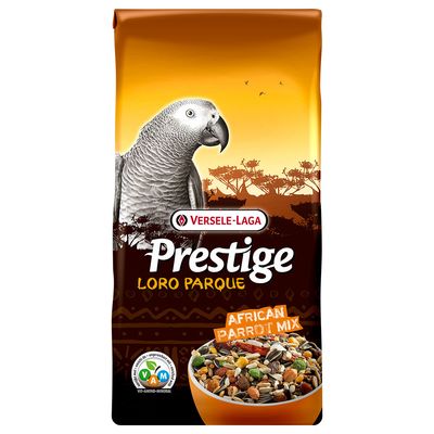 Versele-Laga Prestige Loro Parque African Parrot Mix. Takarmánykeverék afrikai papagájoknak VAM-jelzéssel és egy szürke papagáj képével.