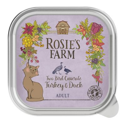 Rosie's Farm Adult macskaeledel, Two Bird Casserole pulykával és kacsával, gabonamentes receptúra. Lila hátterű, virágmintás csomagolás.