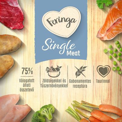 Feringa Single Meat. 75% válogatott állati összetevő, zöldségekkel és fűszernövényekkel, gabonamentes receptúra, taurinnal. Hús, hal, zöldség képekkel.