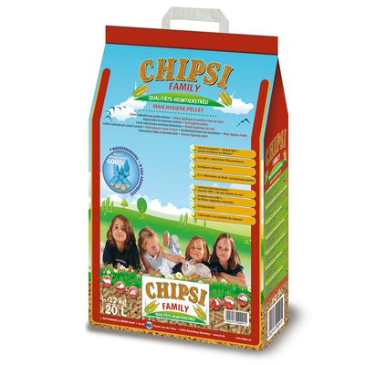 Chipsi Family minőségi kisállat alom, kukorica higiéniai pellet, vízmegkötés akár 400%, 100% természetes növényi rostból, biológiailag lebomló, 20L-es csomagolás.