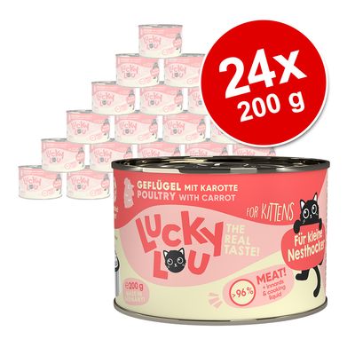 Lucky Lou macskaeledel kis fészeklakóknak, baromfi répával, 24x 200g konzerv, több mint 96% hústartalom, Made in Germany.