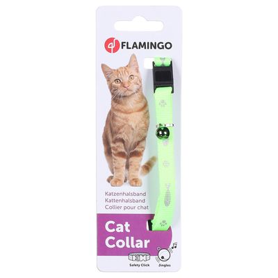 Flamingo macskanyakörv biztonsági zárral és csengővel, zöld, mancs mintával.