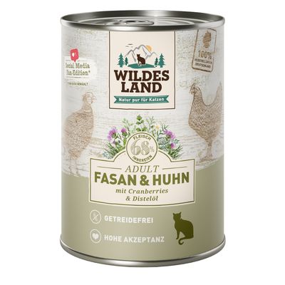 Wildes Land Adult fácán és csirke áfonyával és bogáncsolajjal, 68% hús és belsőség, gabonamentes, magas elfogadottság, Social Media Fan-Edition, Németországban készült.